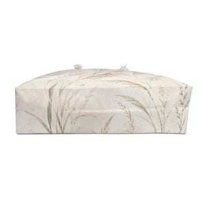 Botanical Weekender Bag flat lay, full neutral pampas grass botanical print detail