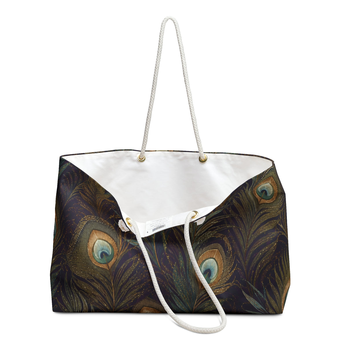 Close-up of the gold-tone grommets and peacock feather detail on the Peacock Feather Weekender Bag