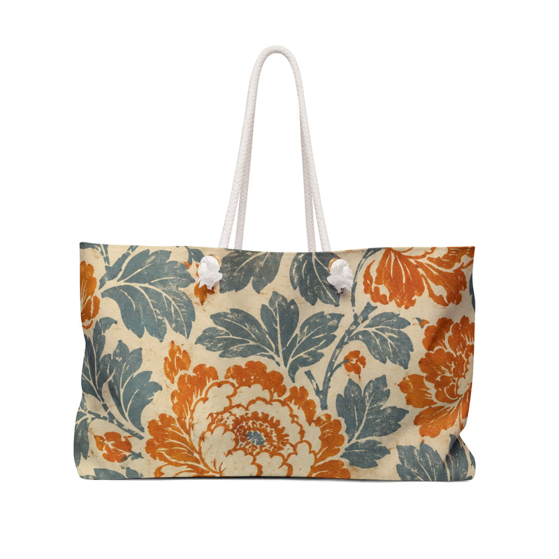 Floral Weekender Bag Vintage Orange Teal — front view showing the full exterior print, rust-orange and teal vintage floral print