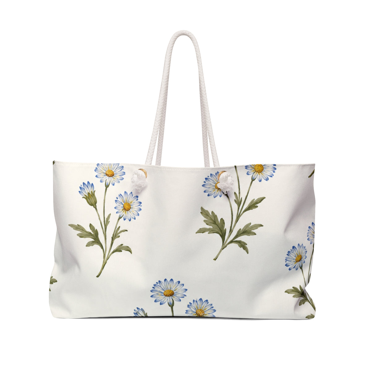 Daisy Floral Weekender Bag — front view showing the full exterior print, watercolor daisy print in light blue on cream