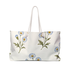 Daisy Floral Weekender Bag — front view showing the full exterior print, watercolor daisy print in light blue on cream