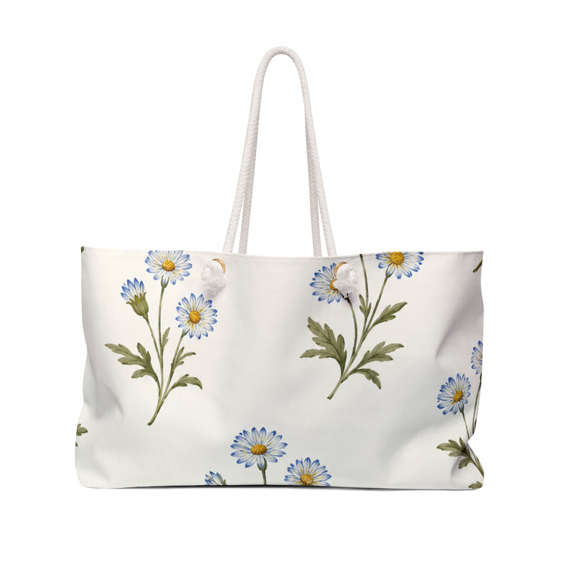 Daisy Floral Weekender Bag — front view showing the full exterior print, watercolor daisy print in light blue on cream