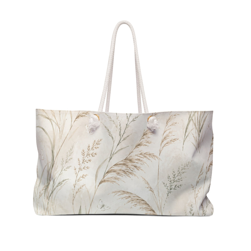 Botanical Weekender Bag in neutral pampas grass print — front view