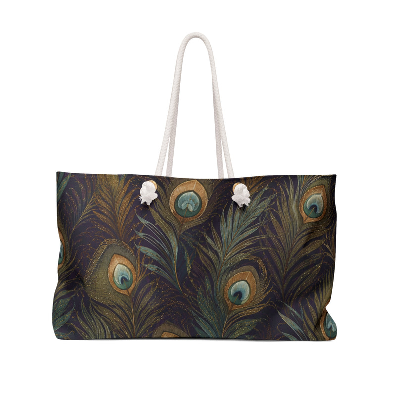 Peacock Feather Weekender Bag — front view showing the teal and gold feather print