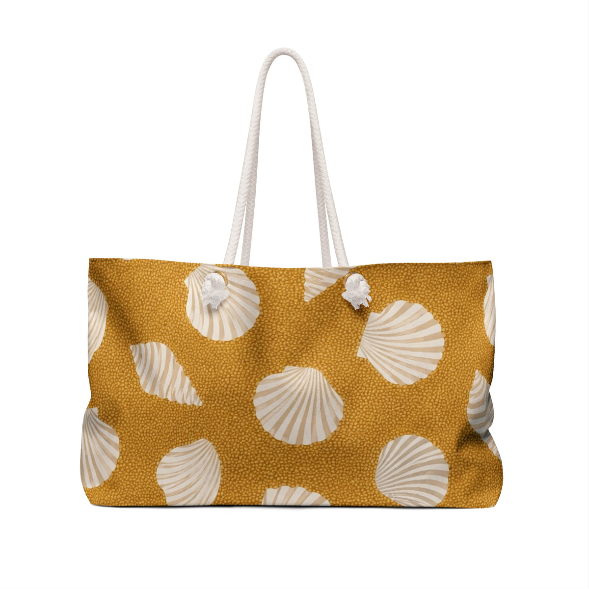 Seashell Sand Weekender Bag — angled side view showing the rope handles and grommet hardware, cream shell motifs on golden-sand canvas