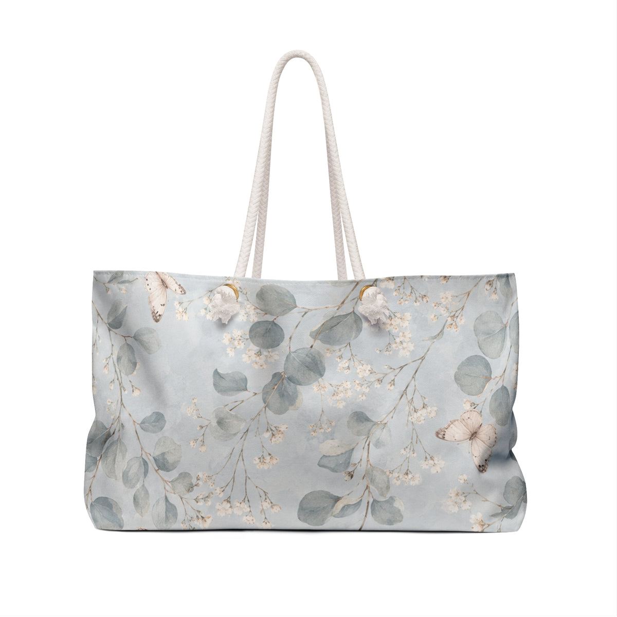 Floral Eucalyptus Weekender Bag — angled view showing cream rope handles and gold-color grommets