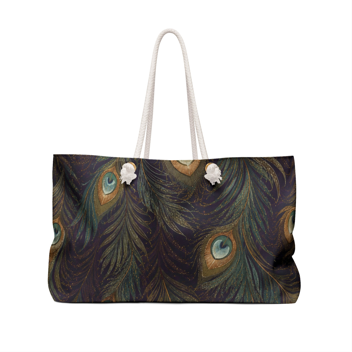 Peacock Feather Monogram Weekender Bag carried on the shoulder with cream rope handles