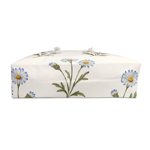 Daisy Floral Weekender Bag — interior lining view with the bag partially open, watercolor daisy print in light blue on cream