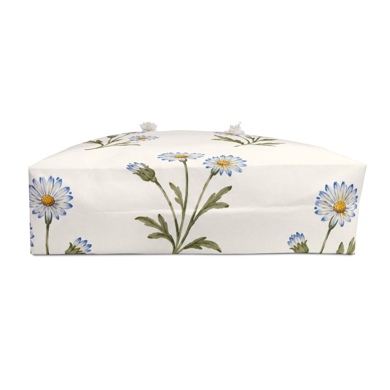 Daisy Floral Weekender Bag — interior lining view with the bag partially open, watercolor daisy print in light blue on cream