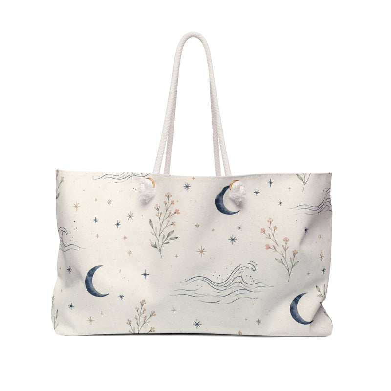 Celestial Moon & Wildflower Weekender Bag in boho print — front view