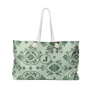 Monogrammed "J" Green Damask Weekender Bag – front view showing the sage damask print