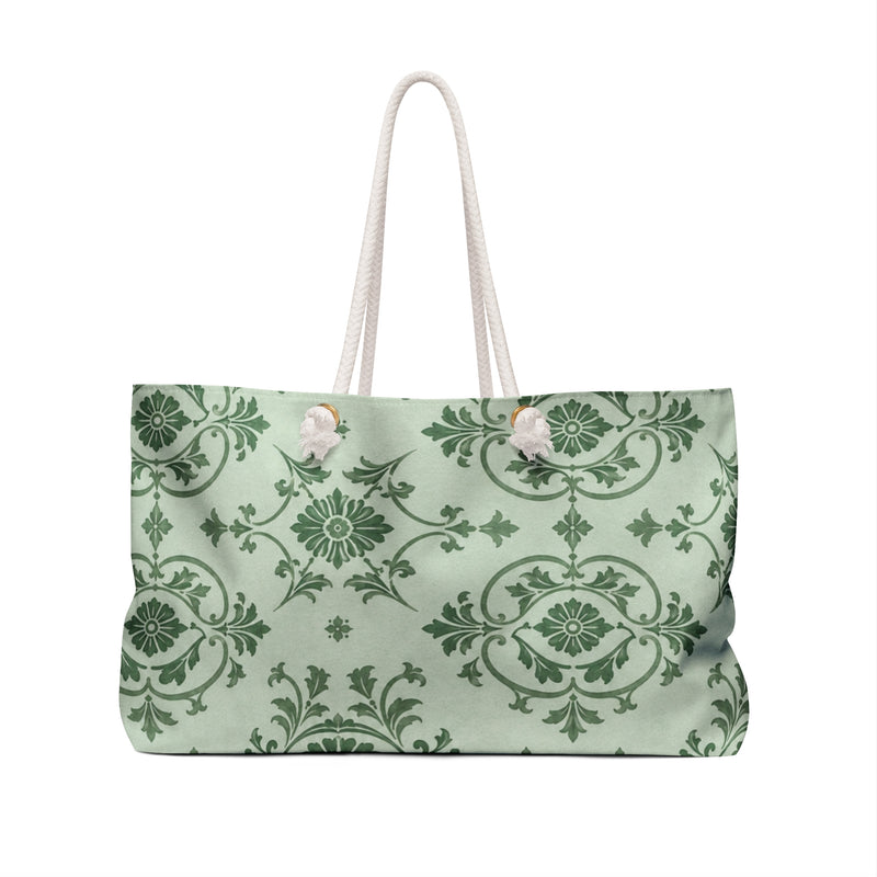 Monogrammed "J" Green Damask Weekender Bag – side view highlighting the cream cotton rope handles and gold-tone grommets