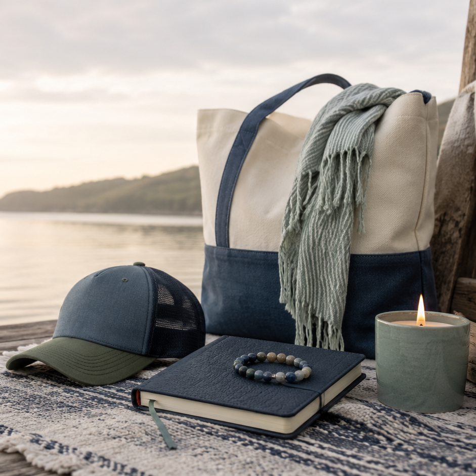 A styled arrangement of travel accessories on a wooden dock by the water at sunset: a cream and navy tote bag with a fringed throw, a navy cap, a closed navy notebook, a beaded bracelet, and a lit teal candle.