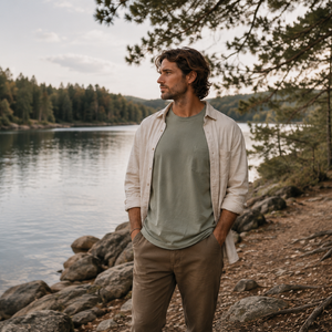 A man standing on a rocky lakeshore wearing a light beige button-up shirt over a muted sage green t-shirt and tan pants, with pine trees and a calm lake in the background.