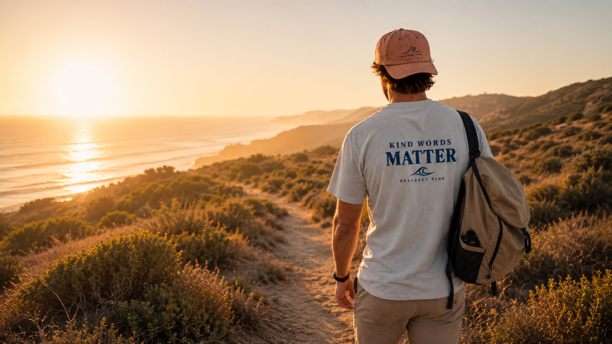 A man wearing a white t-shirt with 'KING WORDS MATTER' printed on the back, walking along a path toward the ocean at sunset. He is wearing a pink cap and carrying a beige backpack.